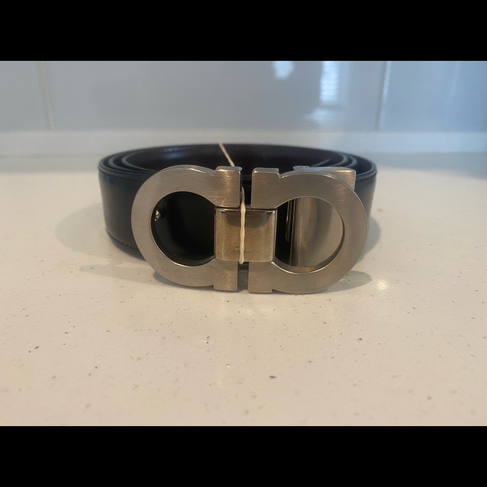 Salvatore Ferragamo Double Gancini Gunmetal Buckle Black/Brown Reversible Belt